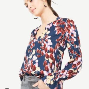 Ann Taylor Floral Blouse - Navy and Red
